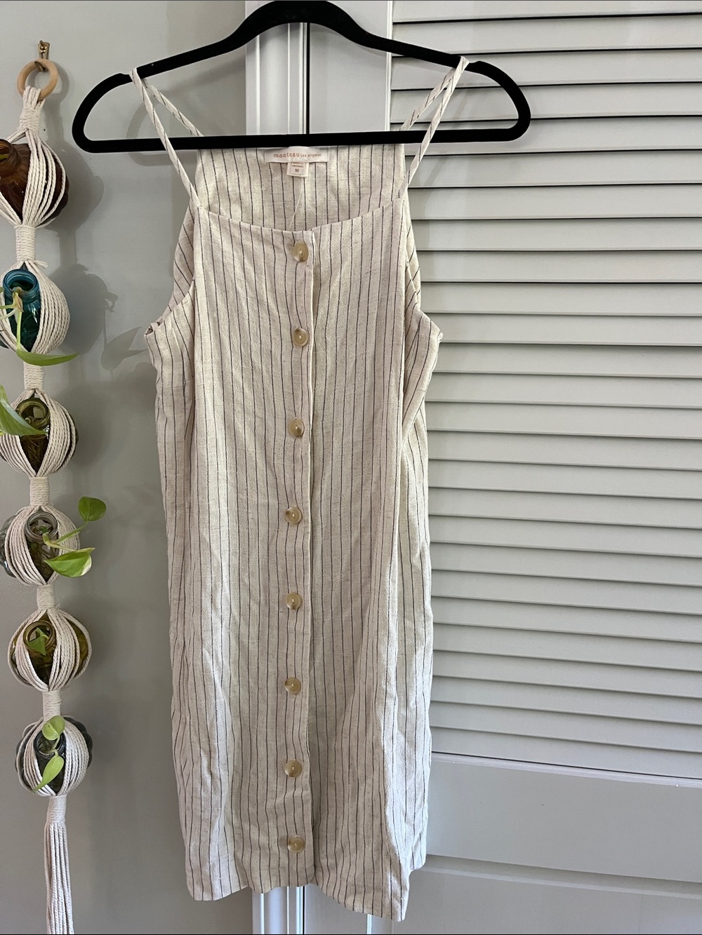 Stripe-Detail Cream Midi Dress with Front Buttons